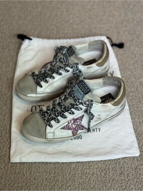 Golden Goose White Leather Sneakers with Purple Glitter Star